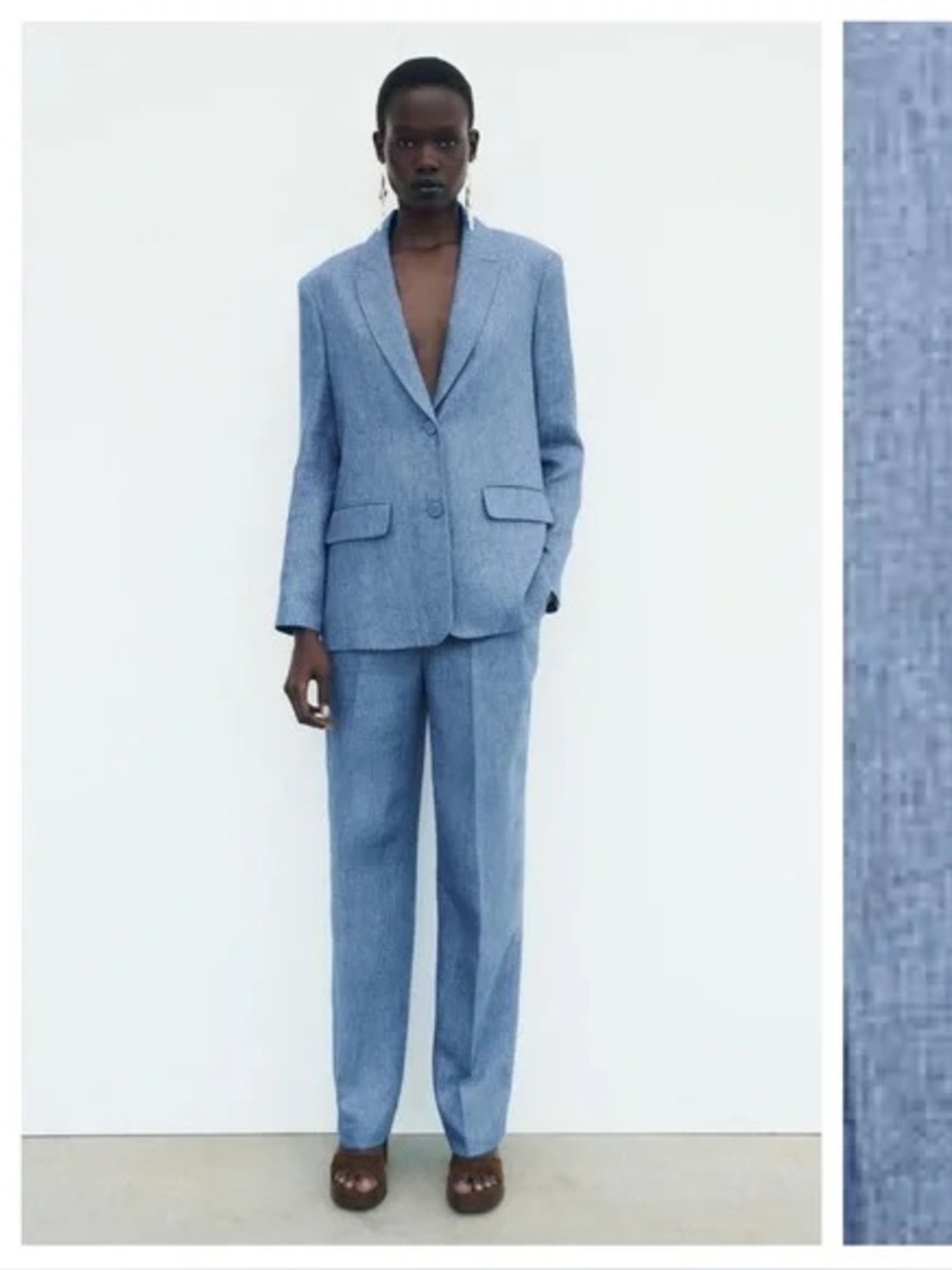 NWOT Zara Linen Shimmer Light Blue Blazer/Trousers Matching Set Coord Lounge L